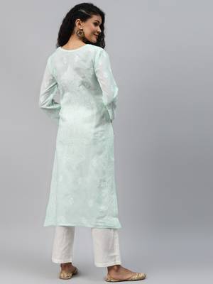 Ada Hand Embroidered Sea Green Cotton Lucknowi Chikan Kurta - A236281 2