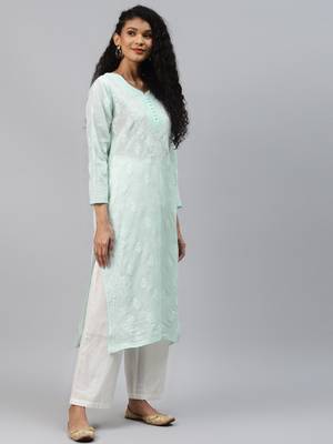 Ada Hand Embroidered Sea Green Cotton Lucknowi Chikan Kurta - A236281 3
