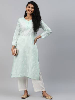 Ada Hand Embroidered Sea Green Cotton Lucknowi Chikan Kurta - A236281 4