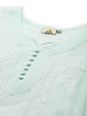 Ada Hand Embroidered Sea Green Cotton Lucknowi Chikan Kurta - A236281 5