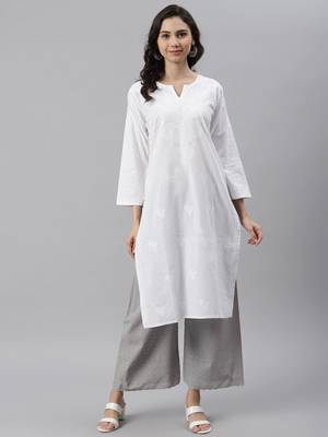 Ada Hand Embroidered White Cotton Lucknowi Chikankari Women Kurta - A342228 1