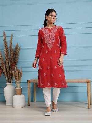 Hand Embroidered Red Pure Cambric Cotton Lucknow Chikankari Women Kurta 1