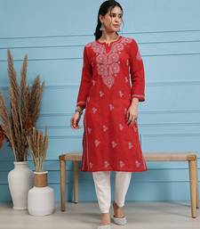 Hand Embroidered Red Pure Cambric Cotton Lucknow Chikankari Women Kurta