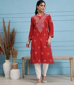 Hand Embroidered Red Pure Cambric Cotton Lucknow Chikankari Women Kurta