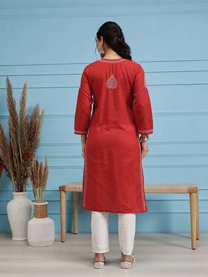 Hand Embroidered Red Pure Cambric Cotton Lucknow Chikankari Women Kurta 2