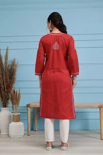 Hand Embroidered Red Pure Cambric Cotton Lucknow Chikankari Women Kurta