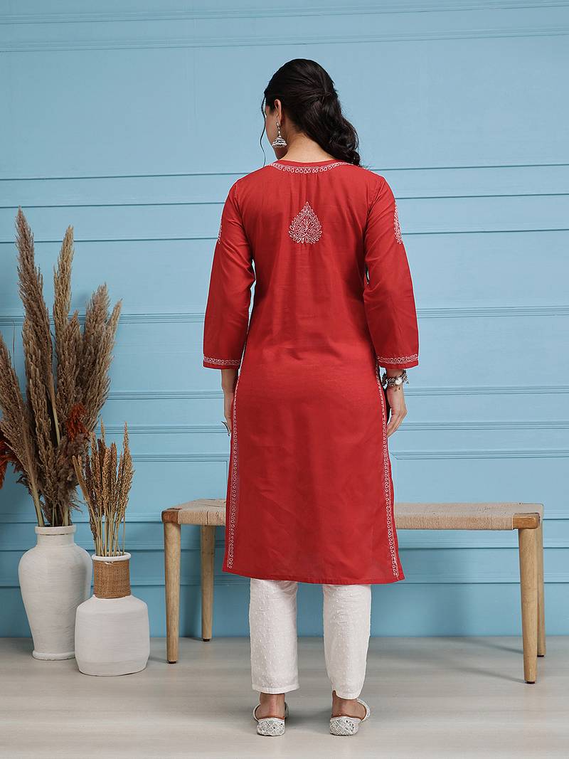 Hand Embroidered Red Pure Cambric Cotton Lucknow Chikankari Women Kurta