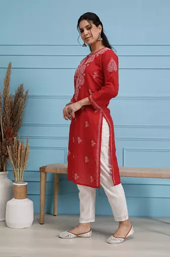 Hand Embroidered Red Pure Cambric Cotton Lucknow Chikankari Women Kurta