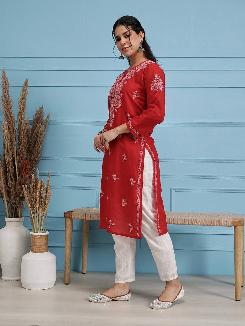 Hand Embroidered Red Pure Cambric Cotton Lucknow Chikankari Women Kurta