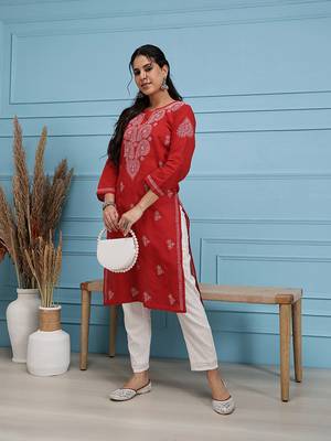 Hand Embroidered Red Pure Cambric Cotton Lucknow Chikankari Women Kurta 4