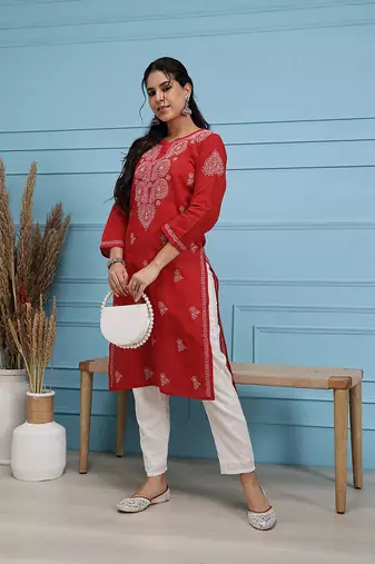 Hand Embroidered Red Pure Cambric Cotton Lucknow Chikankari Women Kurta