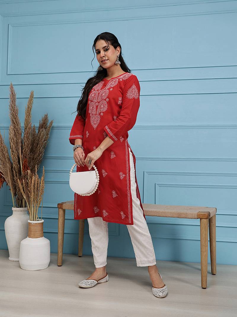 Hand Embroidered Red Pure Cambric Cotton Lucknow Chikankari Women Kurta