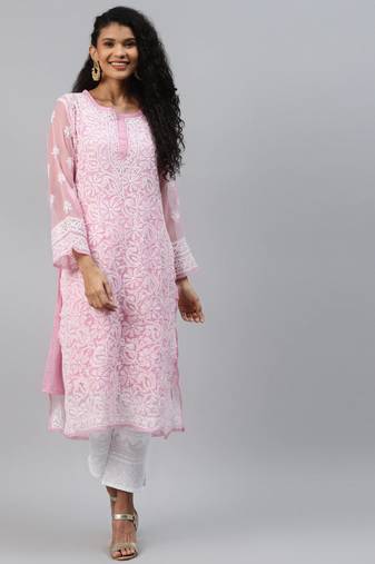 Ada Hand Embroidered Onion Pink Georgette Lucknowi Chikankari Kurta With Slip - A186499