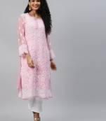 Ada Hand Embroidered Onion Pink Georgette Lucknowi Chikankari Kurta With Slip - A186499