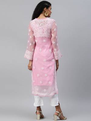 Ada Hand Embroidered Onion Pink Georgette Lucknowi Chikankari Indian Women Kurta With Slip - A186499 2