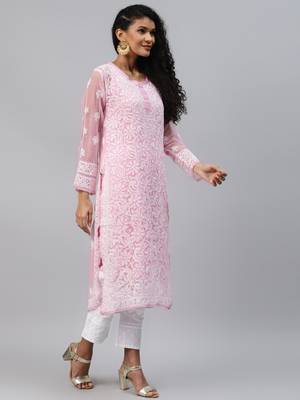 Ada Hand Embroidered Onion Pink Georgette Lucknowi Chikankari Indian Women Kurta With Slip - A186499 3