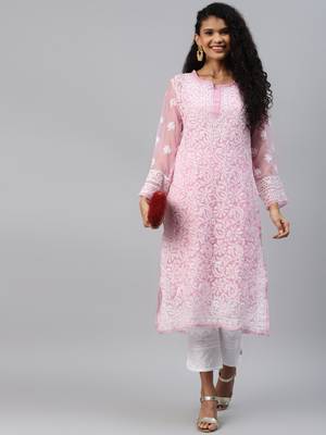 Ada Hand Embroidered Onion Pink Georgette Lucknowi Chikankari Indian Women Kurta With Slip - A186499 4