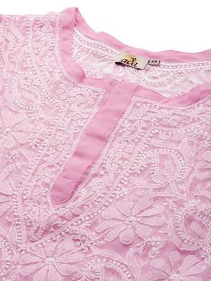 Ada Hand Embroidered Onion Pink Georgette Lucknowi Chikankari Indian Women Kurta With Slip - A186499 5