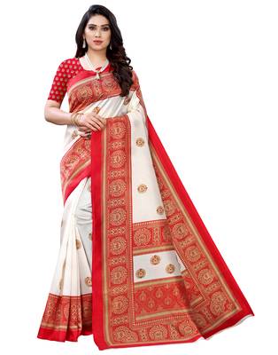 White printed art silk saree with blouse 1
