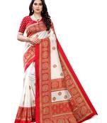 White printed art silk saree with blouse