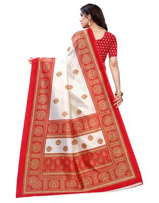 White printed art silk saree with blouse 2