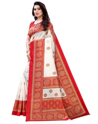 White printed art silk saree with blouse 3