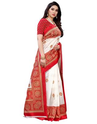 White printed art silk saree with blouse 4
