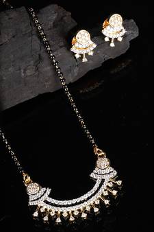Gold plated American Diamonds Beaded Mangalsutra With Earrings