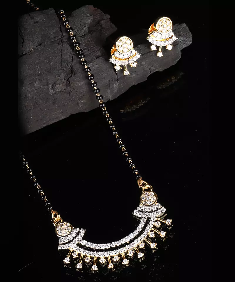 Gold plated American Diamonds Beaded Mangalsutra With Earrings