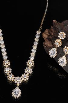 Silver Gold plated Polki Choker Necklace Set With Earrings