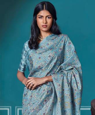 Blue printed manipuri silk saree with blouse 2