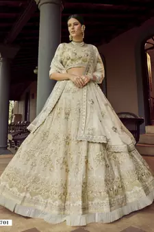Off-white zari and sequins embroidered georgette semi stitched wedding lehenga