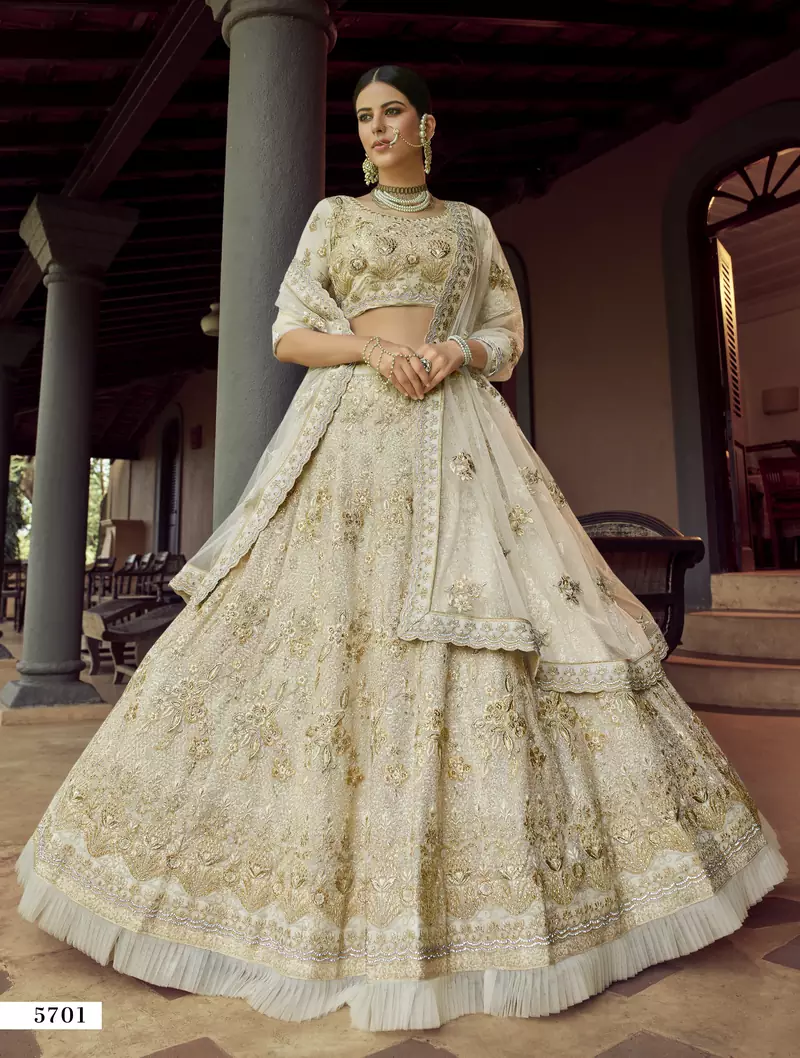 Off-white zari and sequins embroidered georgette semi stitched wedding lehenga