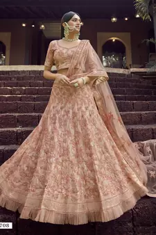 Peach resham and sequins embroidered georgette semi stitched wedding lehenga