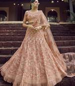 Peach resham and sequins embroidered georgette Semi Stitched wedding Lehenga