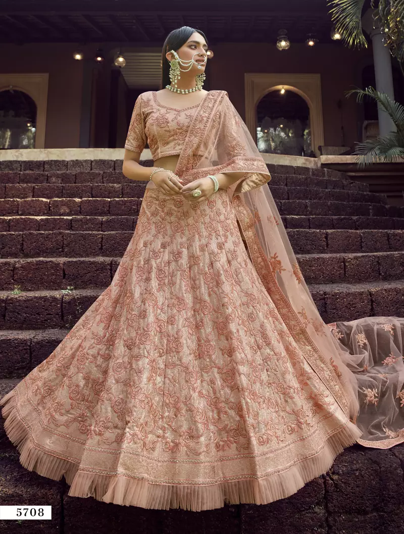 Peach resham and sequins embroidered georgette semi stitched wedding lehenga
