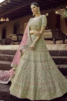 Green gota and resham embroidered georgette semi stitched wedding lehenga