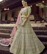 Green gota and resham embroidered georgette Semi Stitched wedding Lehenga