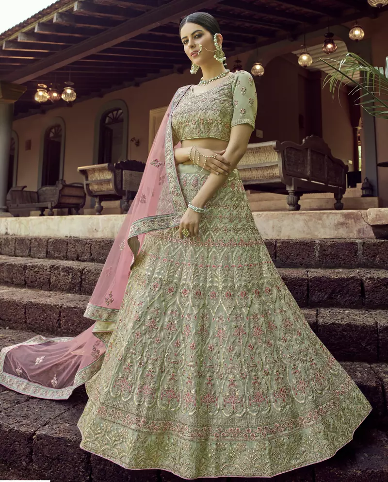 Green gota and resham embroidered georgette semi stitched wedding lehenga