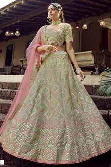 Green gota and resham embroidered organza semi stitched wedding lehenga