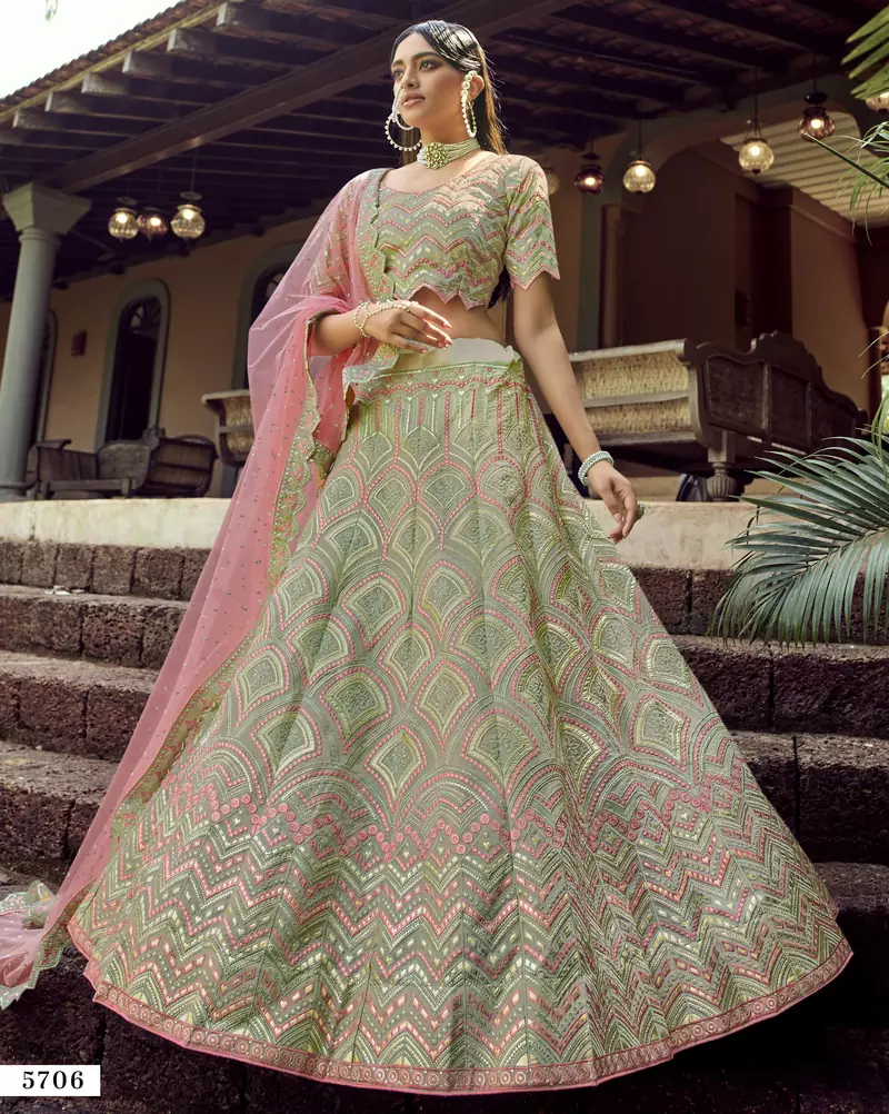 Green gota and resham embroidered organza semi stitched wedding lehenga