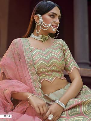 Green gota and resham embroidered organza Semi Stitched wedding Lehenga 2