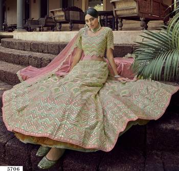 Green gota and resham embroidered organza Semi Stitched wedding Lehenga 3