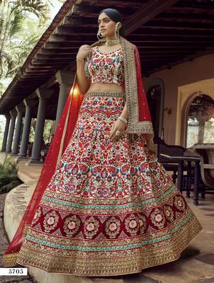 Off-white resham and sequins embroidered art Silk Semi Stitched wedding Lehenga 1