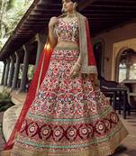Off-white resham and sequins embroidered art Silk Semi Stitched wedding Lehenga