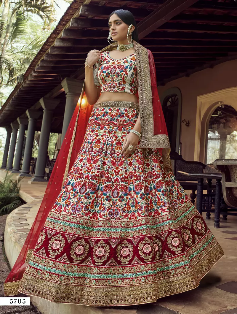 Off-white resham and sequins embroidered art silk semi stitched wedding lehenga