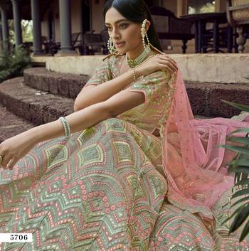 Green gota and resham embroidered organza Semi Stitched wedding Lehenga 4