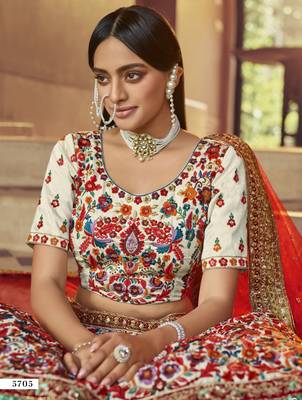 Off-white resham and sequins embroidered art Silk Semi Stitched wedding Lehenga 2