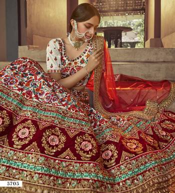 Off-white resham and sequins embroidered art Silk Semi Stitched wedding Lehenga 3