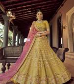 Mustard zari and resham embroidered organza Semi Stitched wedding Lehenga